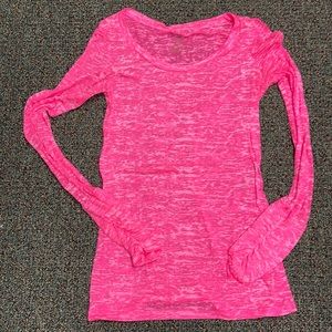 Woman’s neon pink burnt out Tee. Long sleeves. Ruched sleeves.  Medium